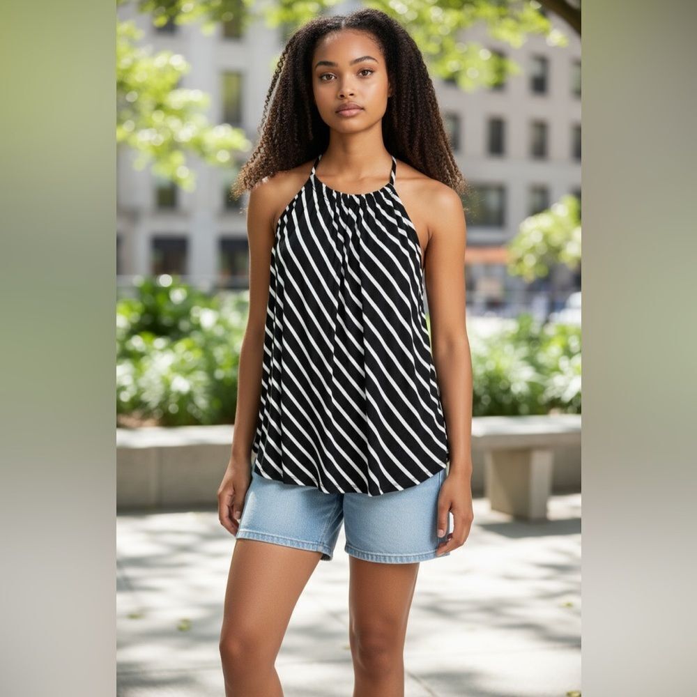 NWT New York & Co Women’s Black White Striped Sleeveless Top Blouse - Size M